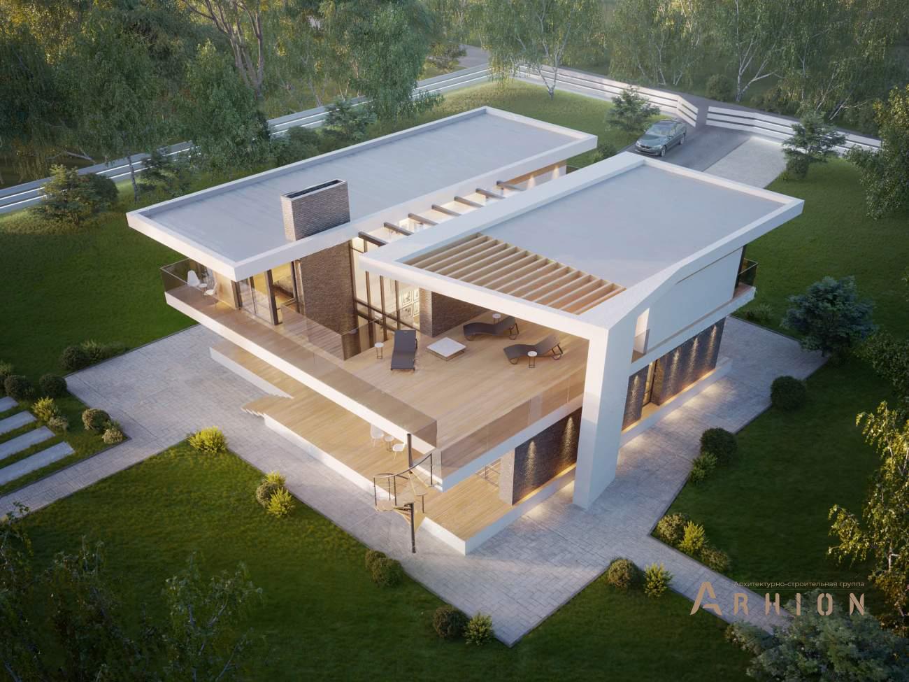 3. Проект двухэтажного дома в стиле хай-тек с плоской кровлей , rh-410, площадью - 410 кв c сауной, терассой, балконом, гаражом, вторым светом